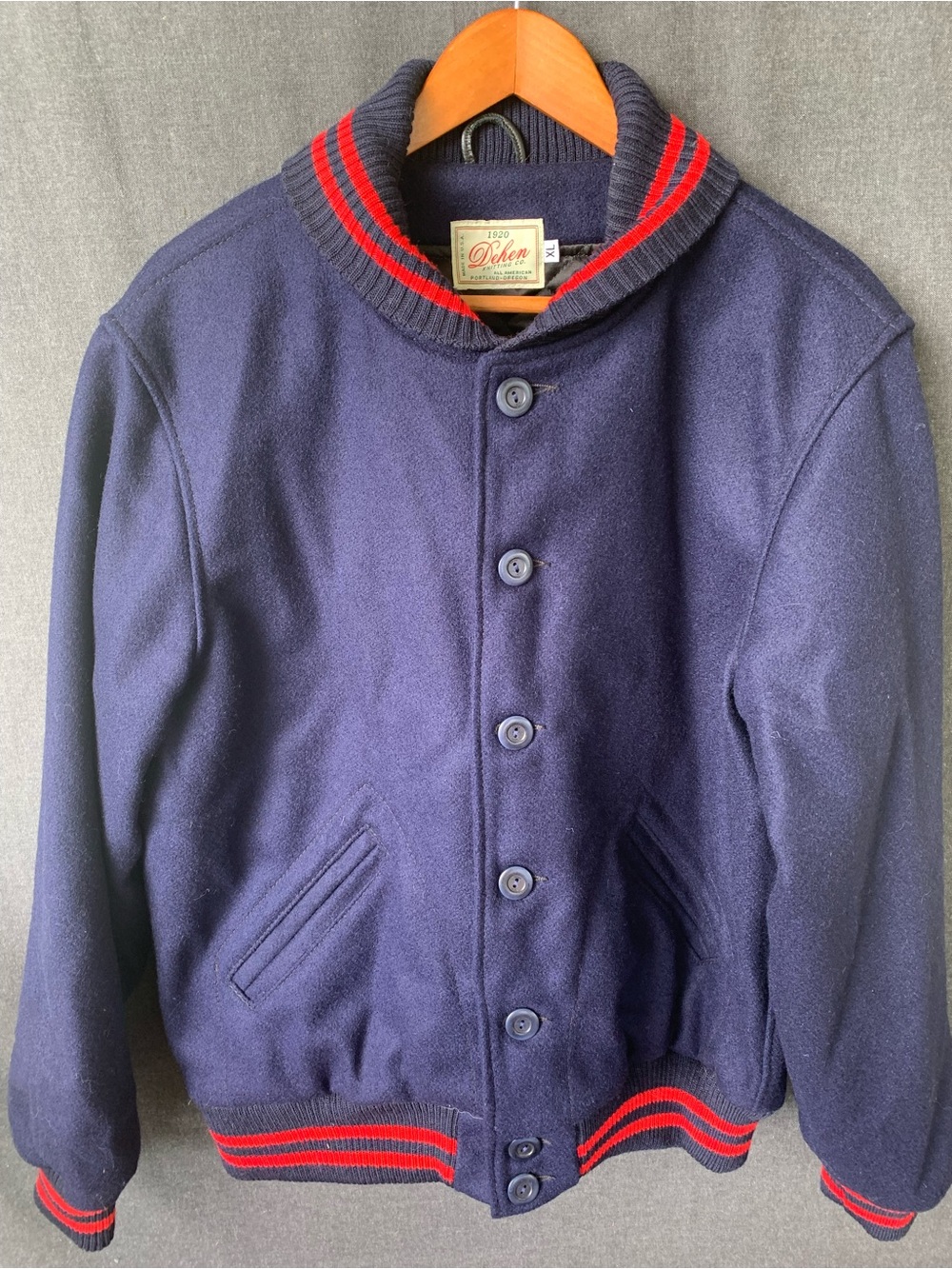 Dehen 1920 Navy Wool Varsity Club Jacket Red Trim